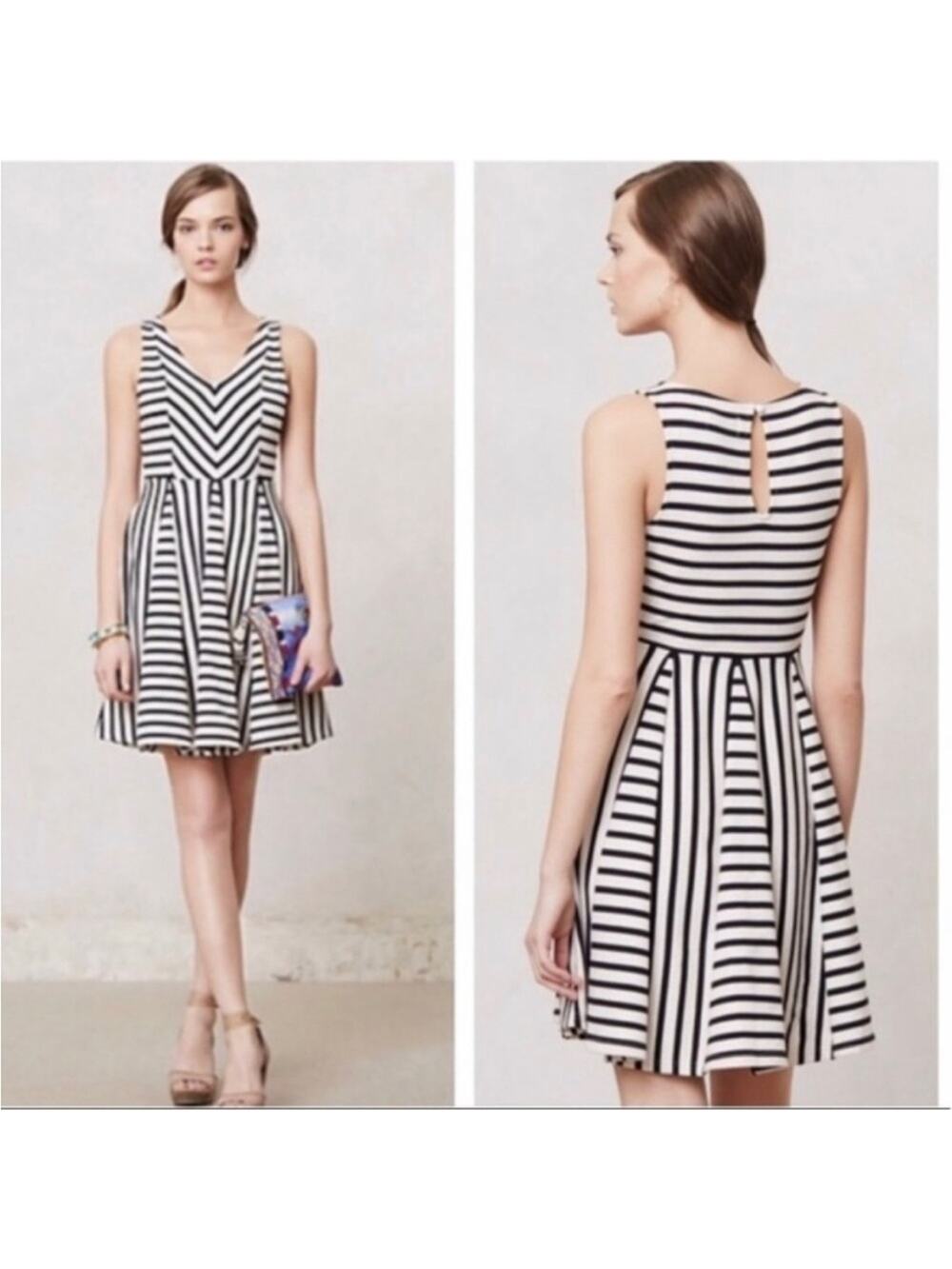 Anthropologie Saturday Sunday mixed stripe V-neck dress ivory black pockets